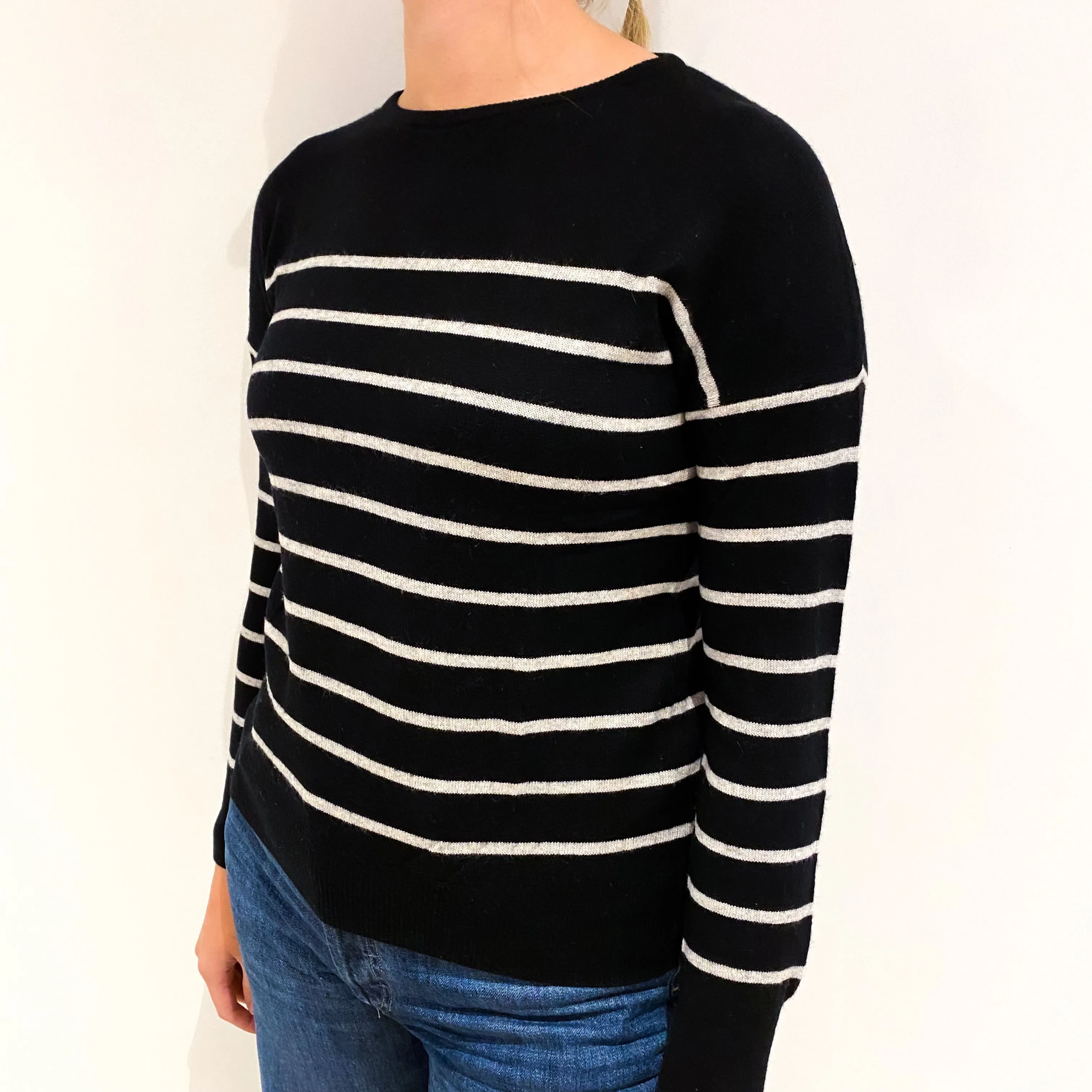Black Grey Stripe Cashmere Crew Neck Jumper Small