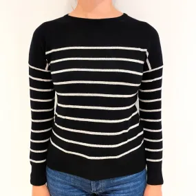 Black Grey Stripe Cashmere Crew Neck Jumper Small