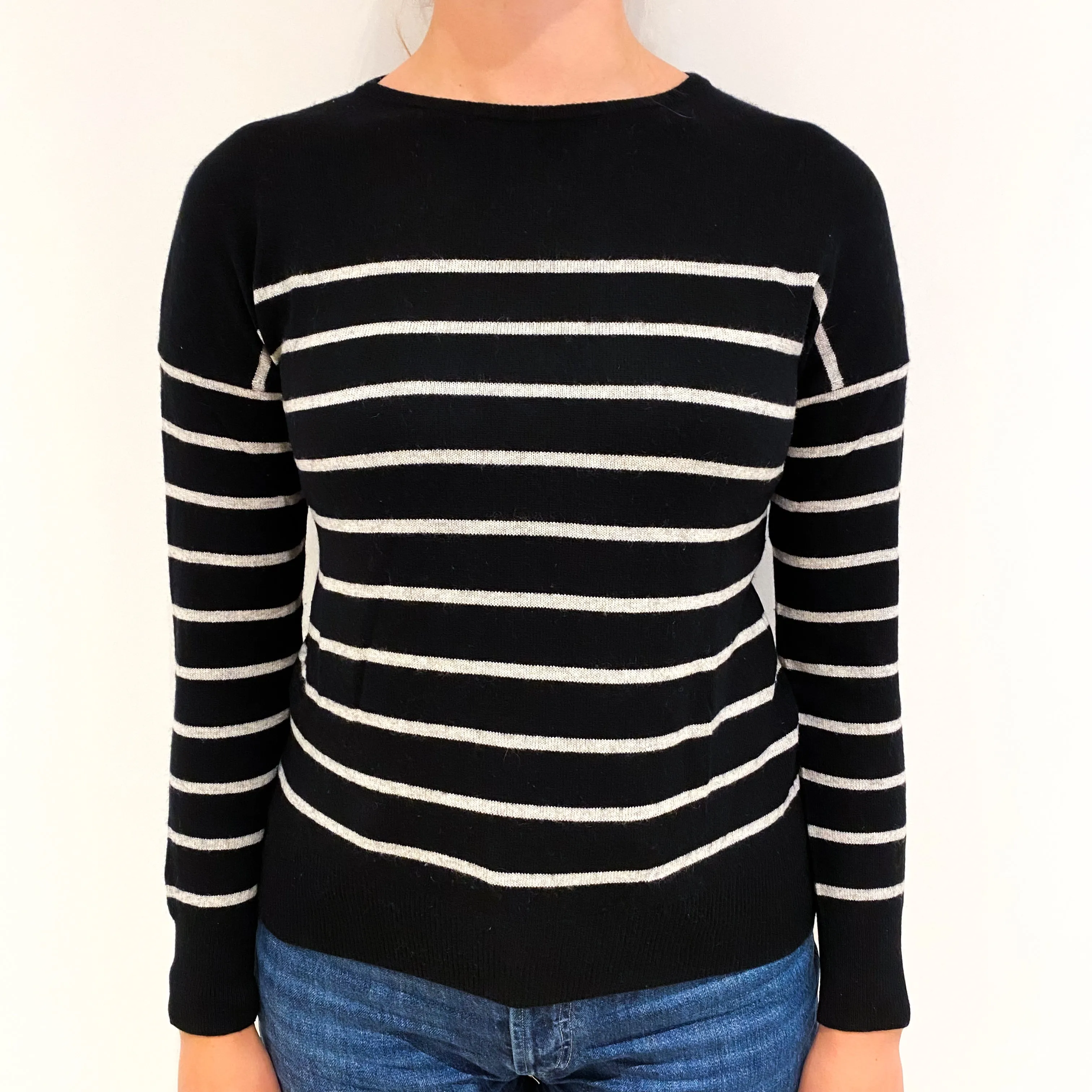 Black Grey Stripe Cashmere Crew Neck Jumper Small