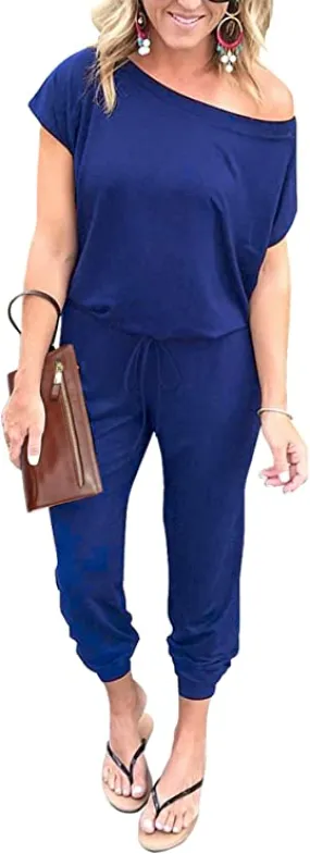 Blue Women's Loose Solid Off Shoulder Elastic Waist Stretchy Long Romper Jumpsuit - PRETTYGARDEN
