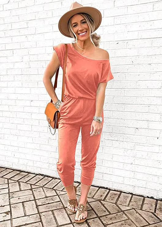 Blue Women's Loose Solid Off Shoulder Elastic Waist Stretchy Long Romper Jumpsuit - PRETTYGARDEN
