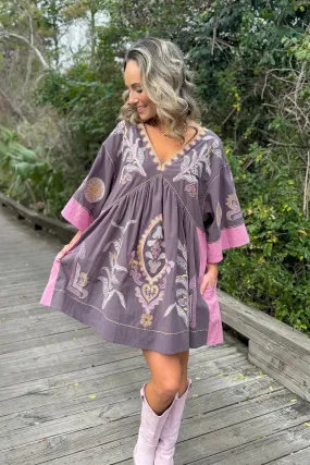 Boho Embroidered Charcoal Babydoll Dress