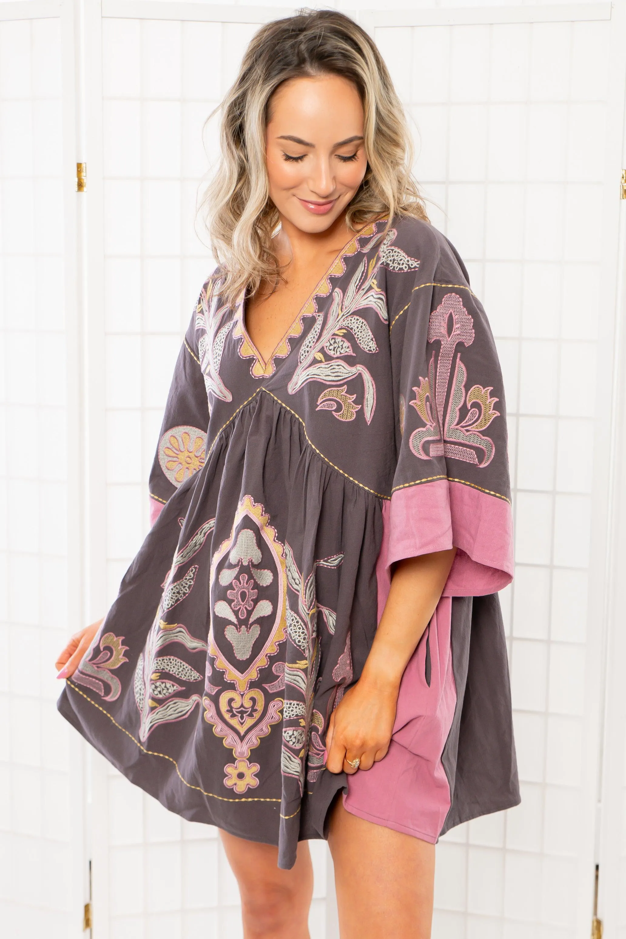 Boho Embroidered Charcoal Babydoll Dress