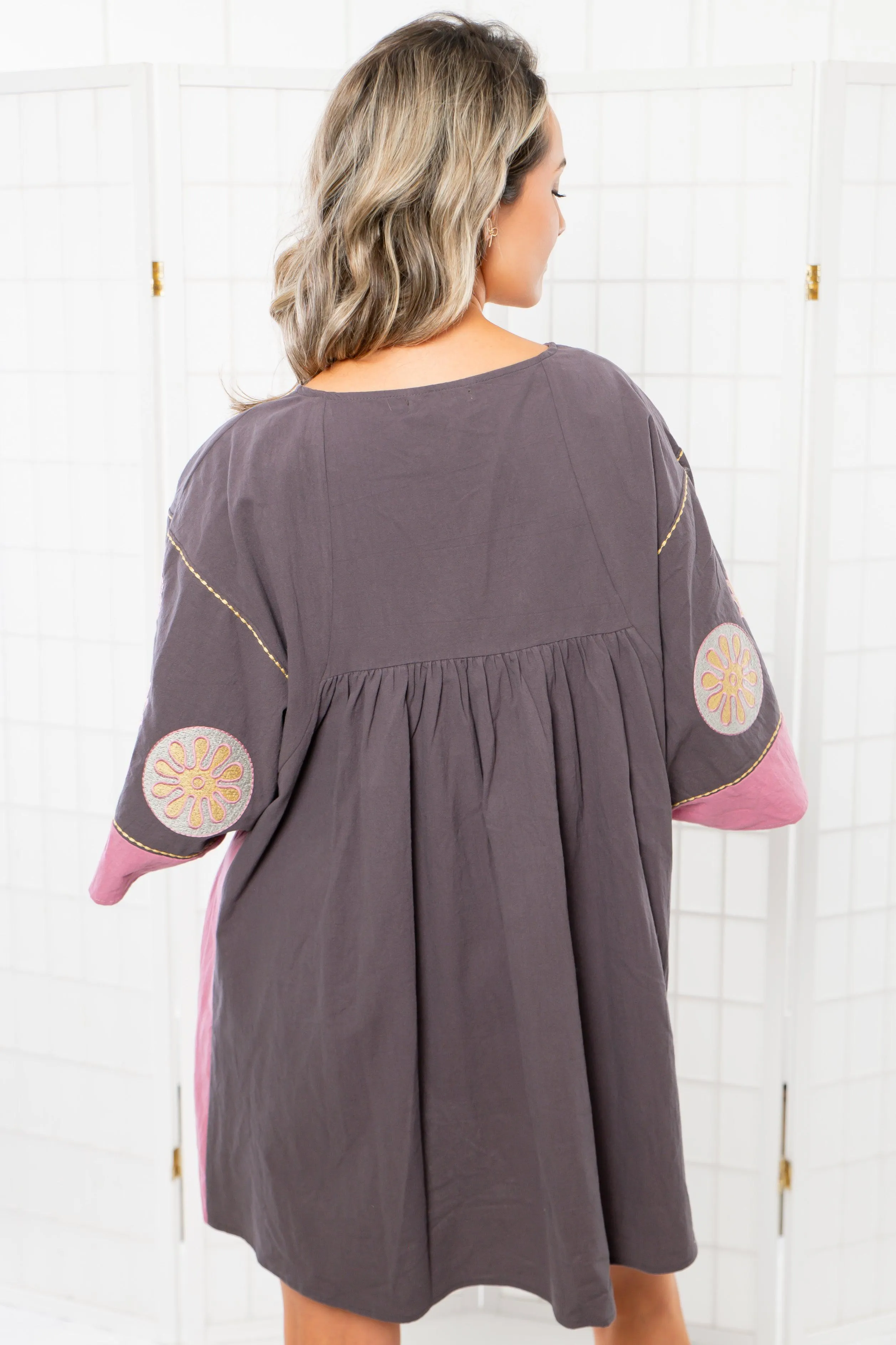 Boho Embroidered Charcoal Babydoll Dress