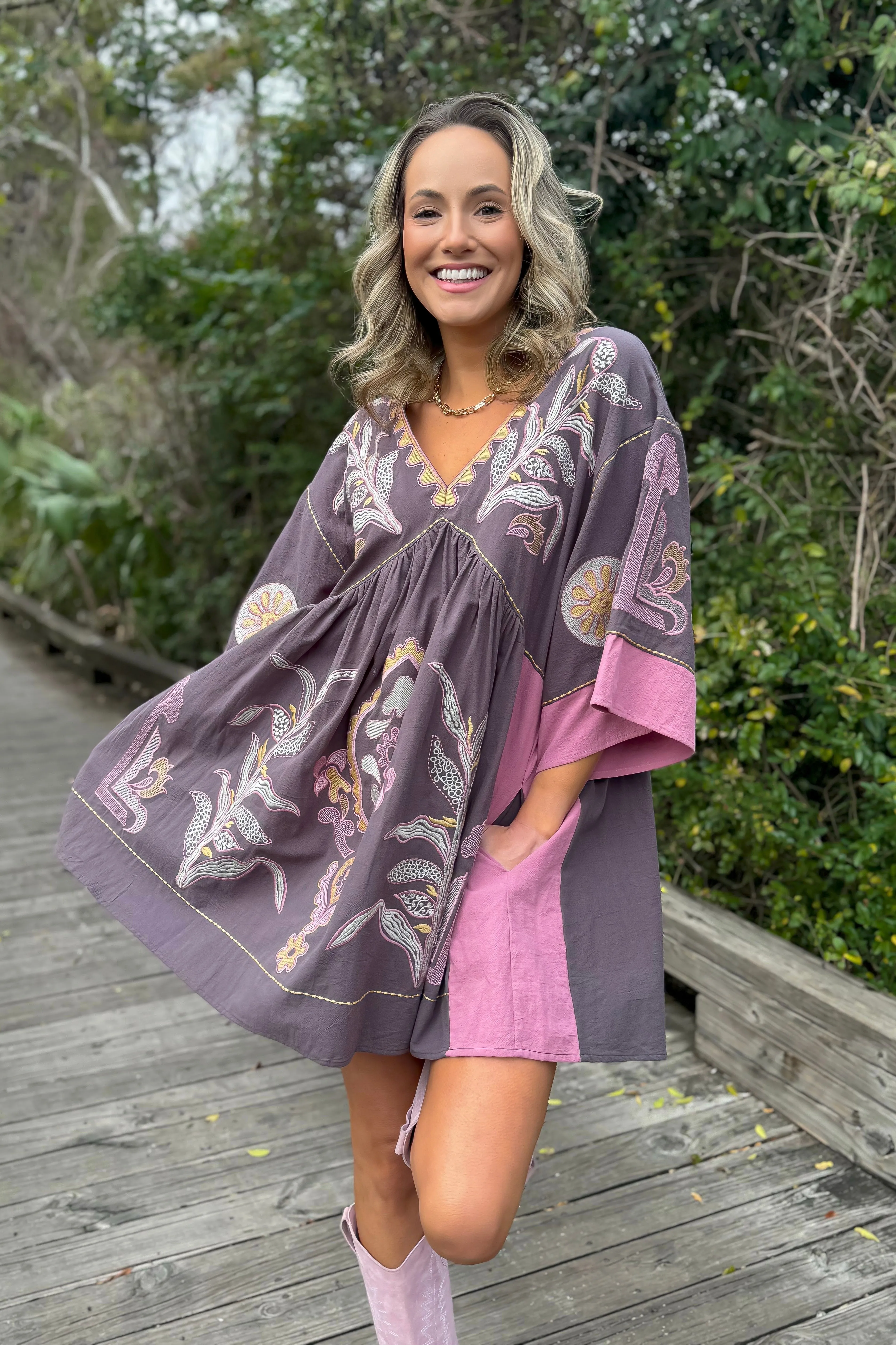 Boho Embroidered Charcoal Babydoll Dress