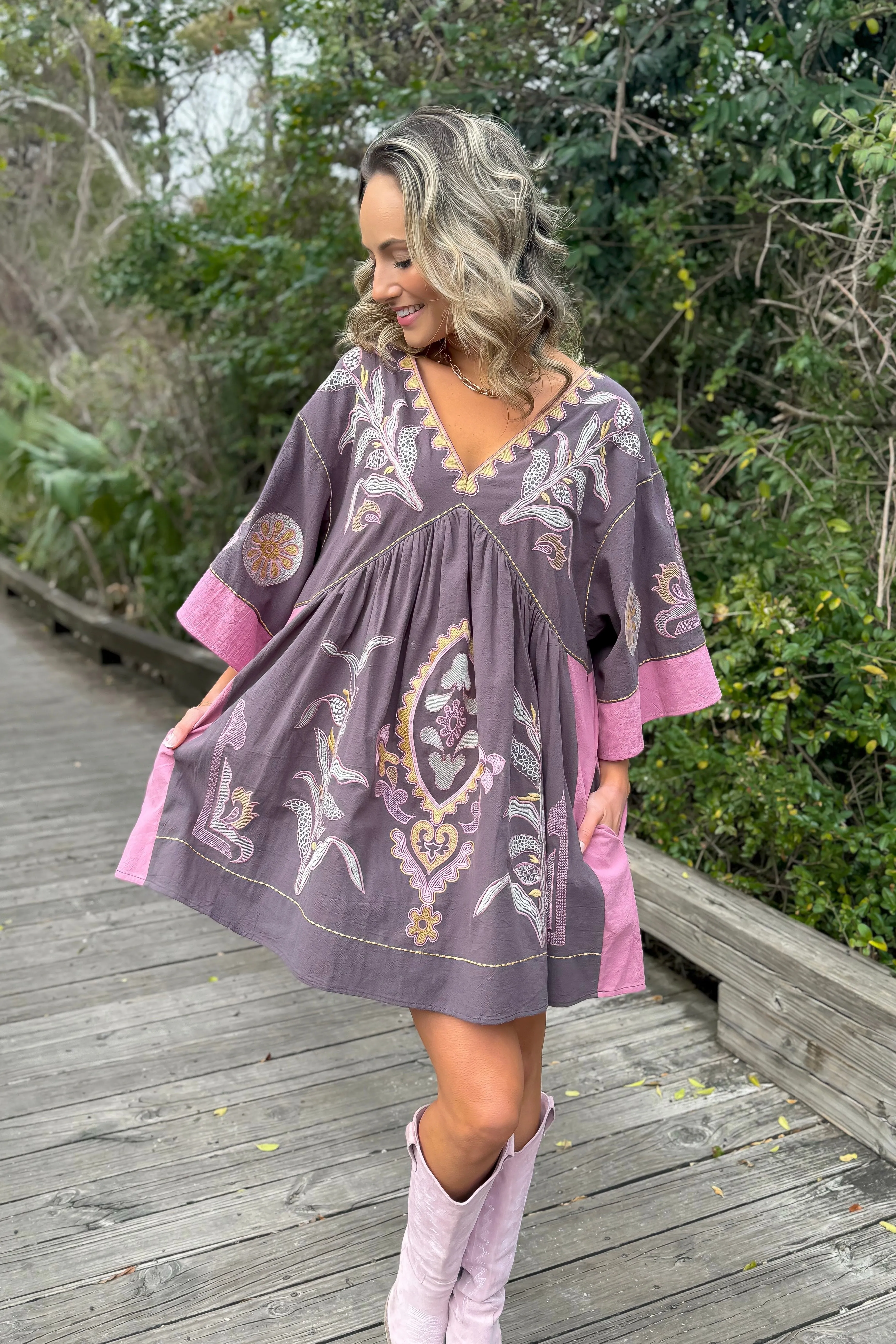 Boho Embroidered Charcoal Babydoll Dress