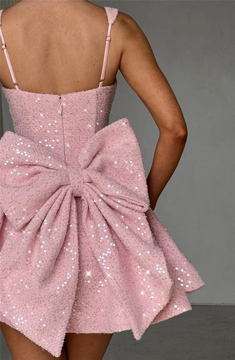 Bonnie Sequins Bow Backless Sexy Mini Dress