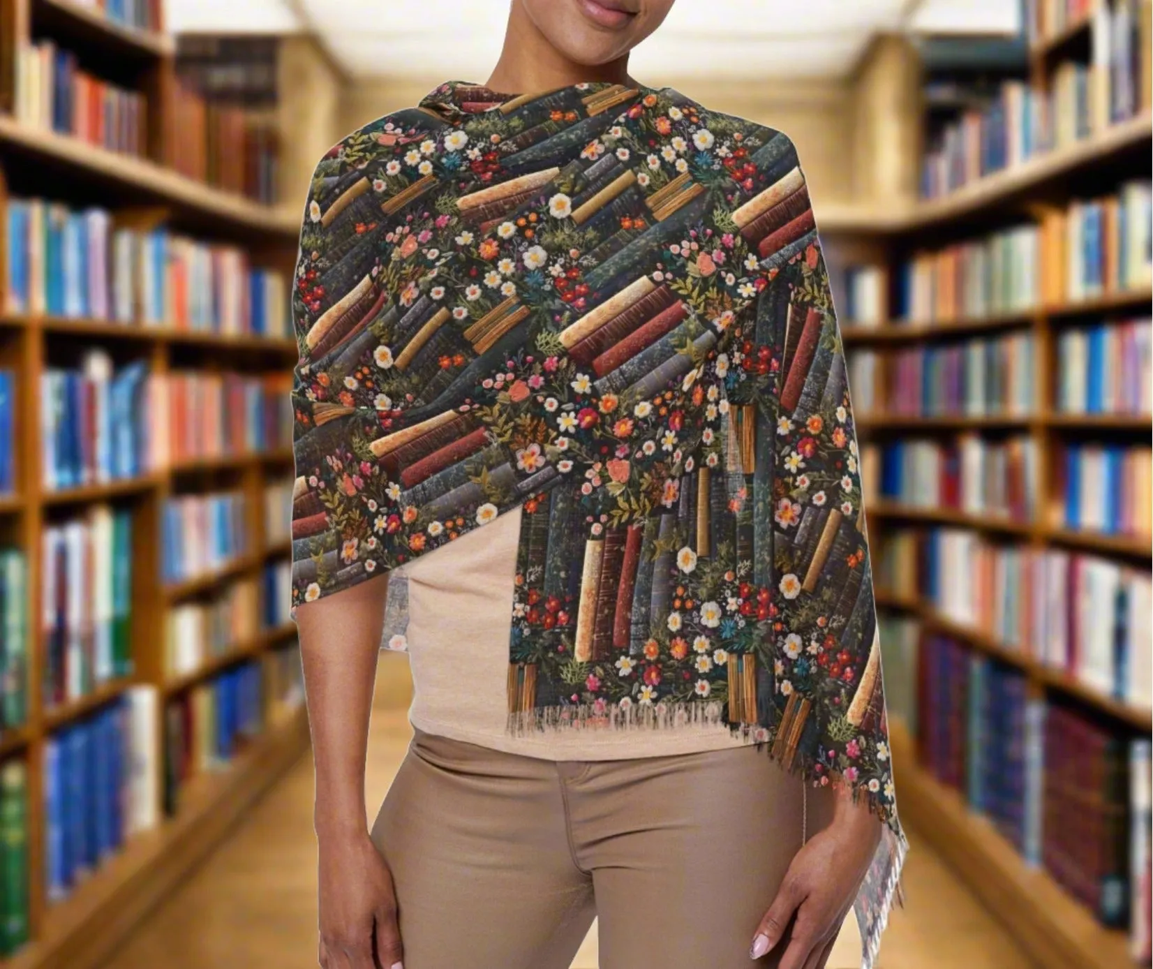 Books and Floral Elegance Scarf Botanical-Inspired Fashion Accessory Lightweight Elegant Timeless Perfect for Party, Wedding all occasion