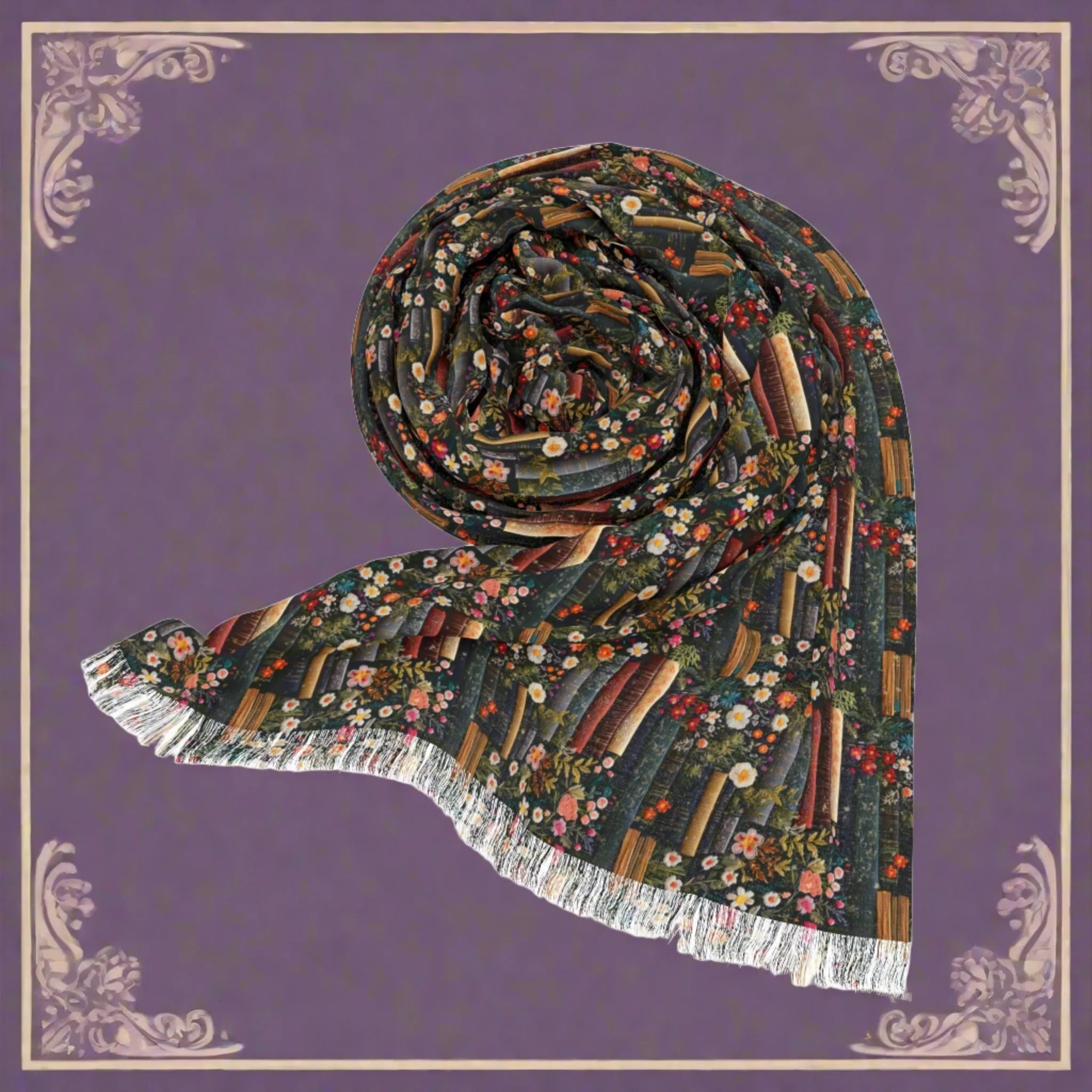 Books and Floral Elegance Scarf Botanical-Inspired Fashion Accessory Lightweight Elegant Timeless Perfect for Party, Wedding all occasion