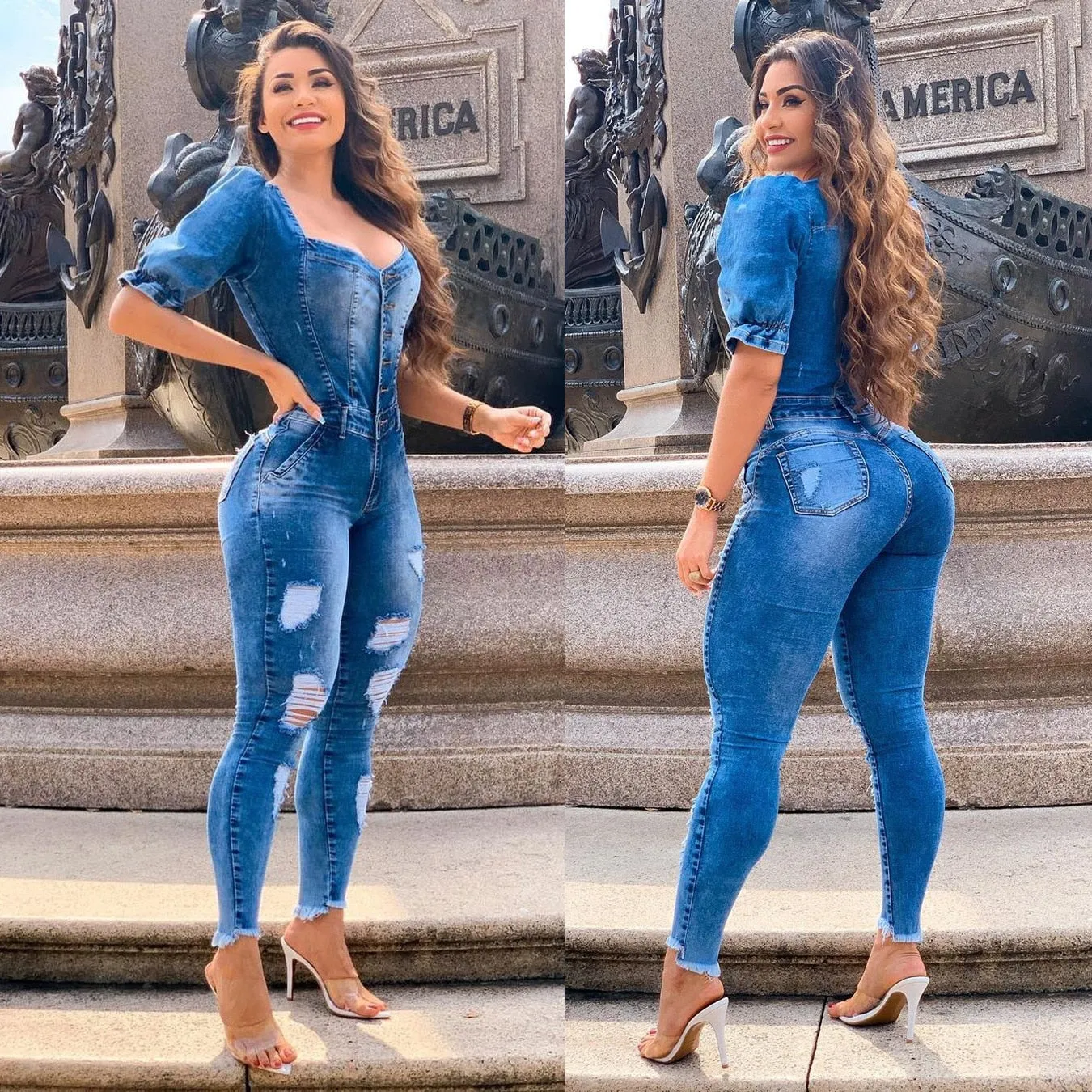 Button Square Neck Denim Jumpsuit