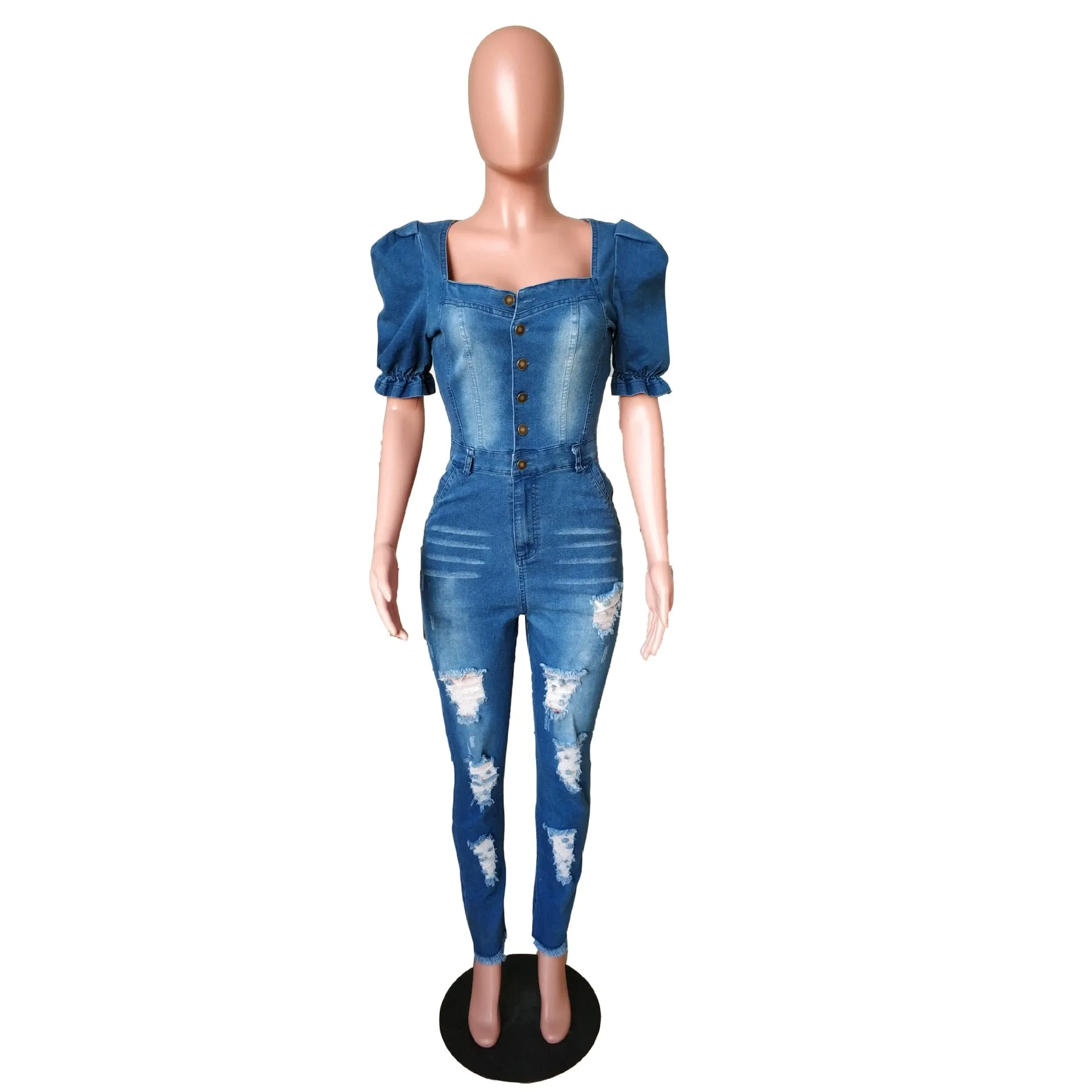 Button Square Neck Denim Jumpsuit