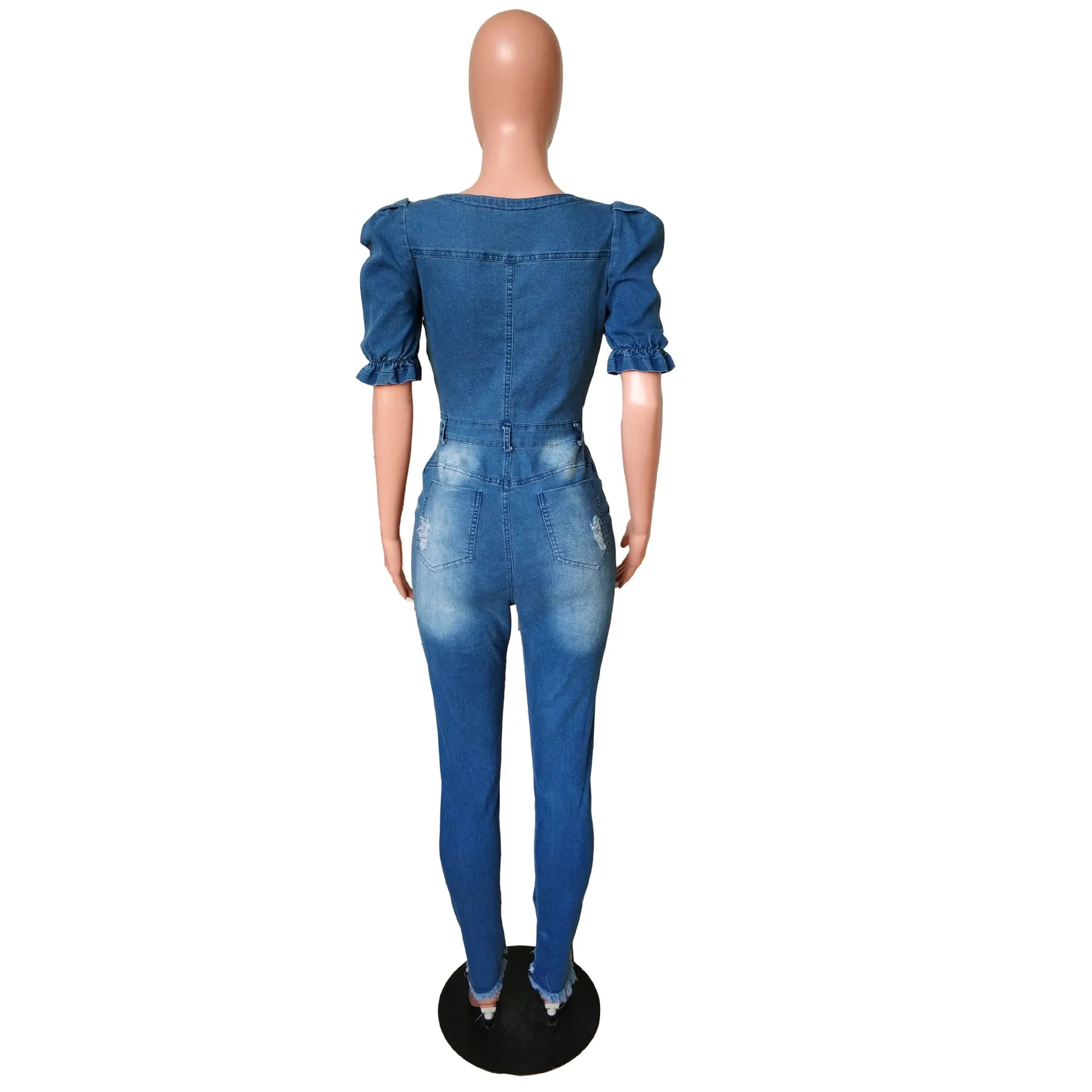 Button Square Neck Denim Jumpsuit