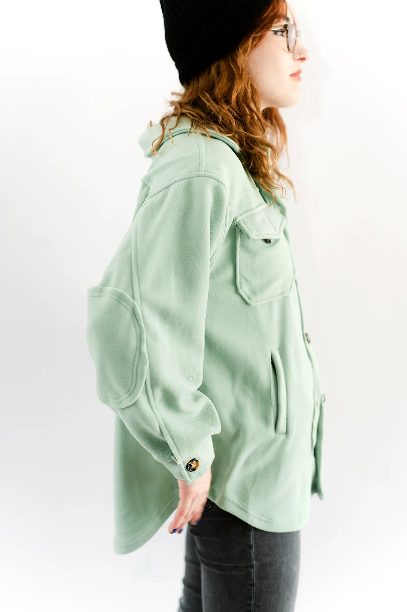 Button-Up Fleece Shacket- Sage