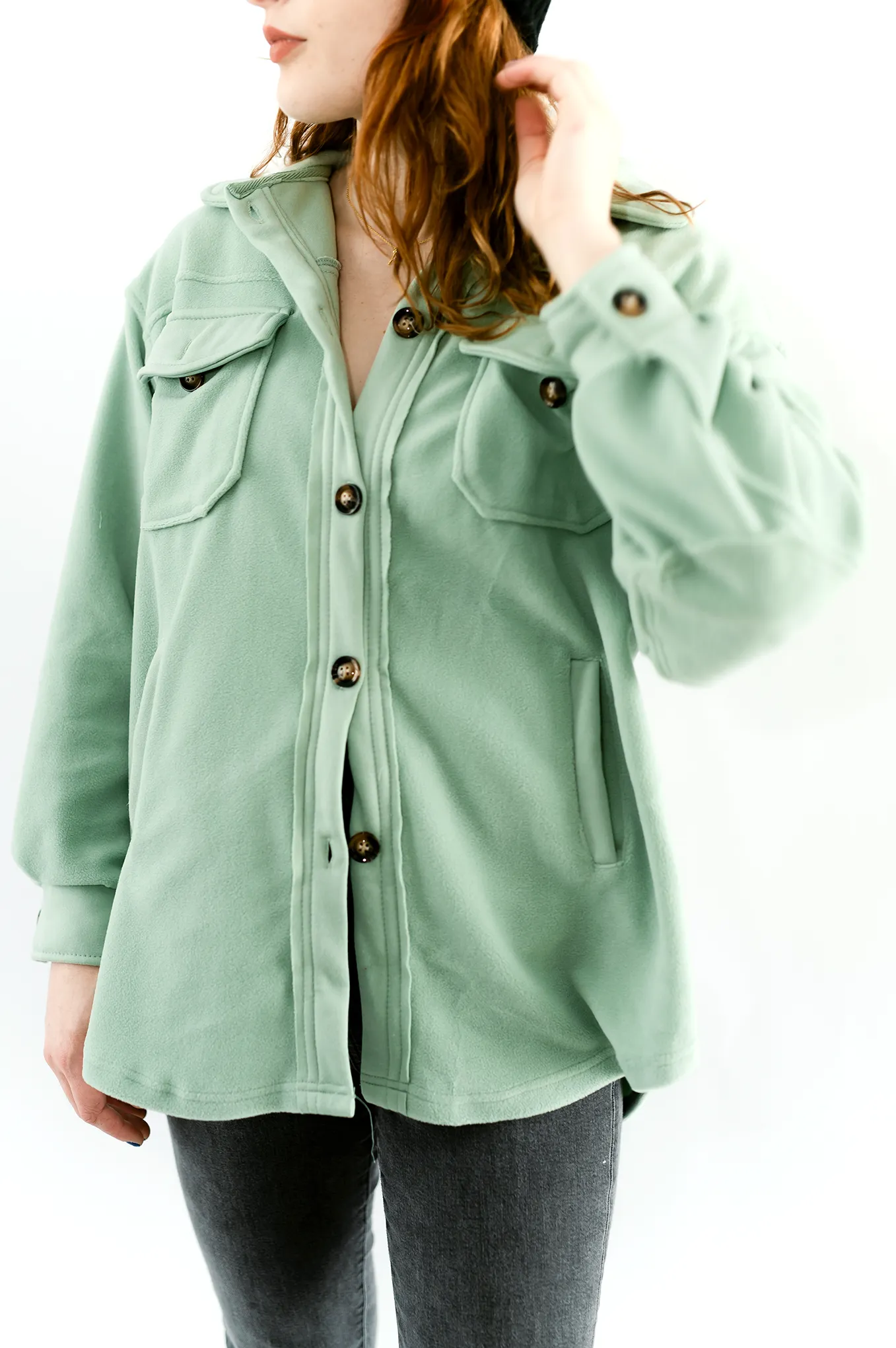 Button-Up Fleece Shacket- Sage