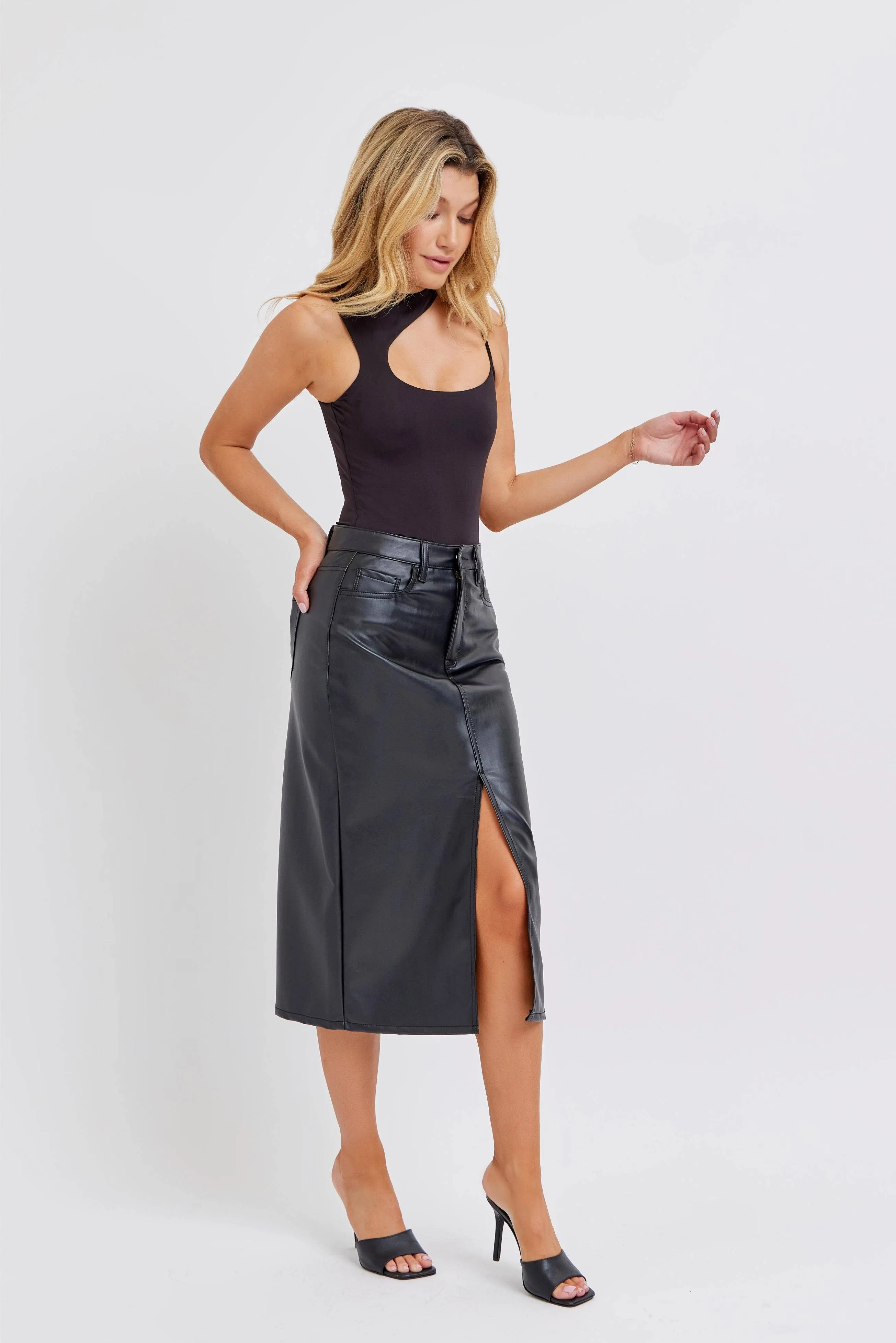 Cello High Rise Midi Skirt with Front Slit/L