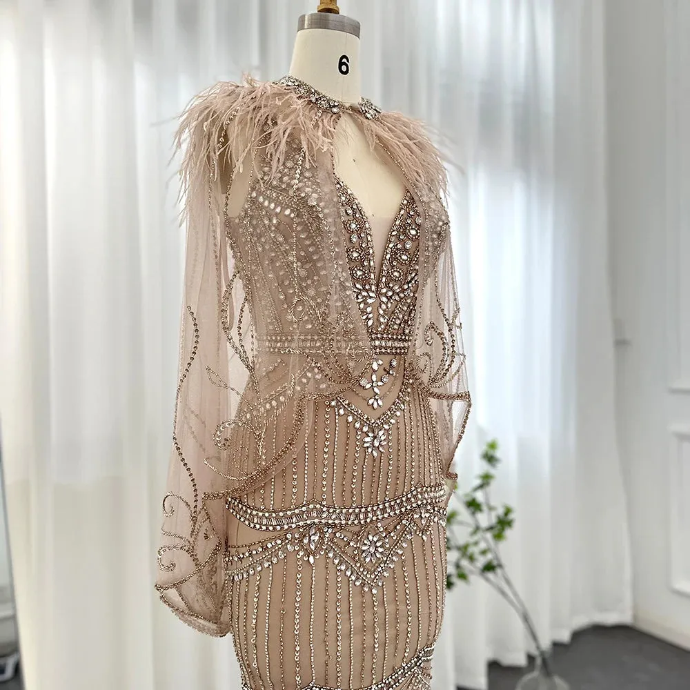 Champagne Feather Cape Mermaid Gown