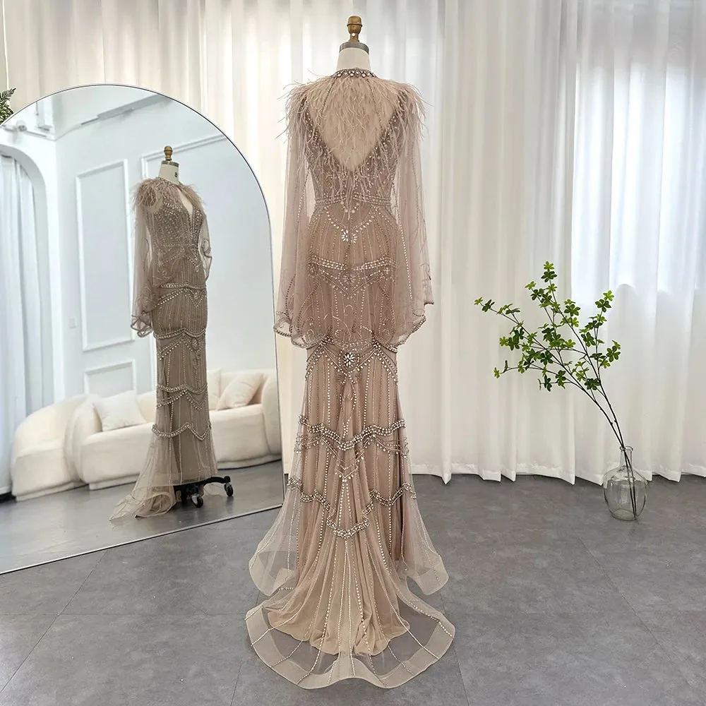 Champagne Feather Cape Mermaid Gown