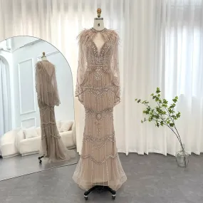 Champagne Feather Cape Mermaid Gown