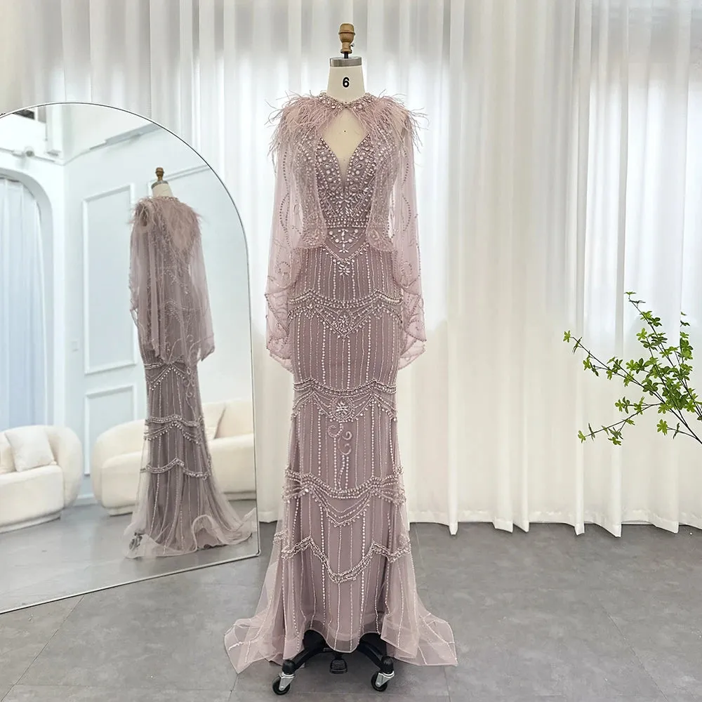 Champagne Feather Cape Mermaid Gown