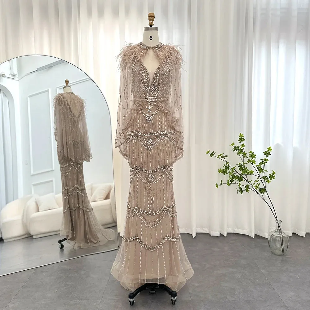Champagne Feather Cape Mermaid Gown