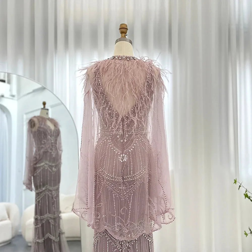 Champagne Feather Cape Mermaid Gown