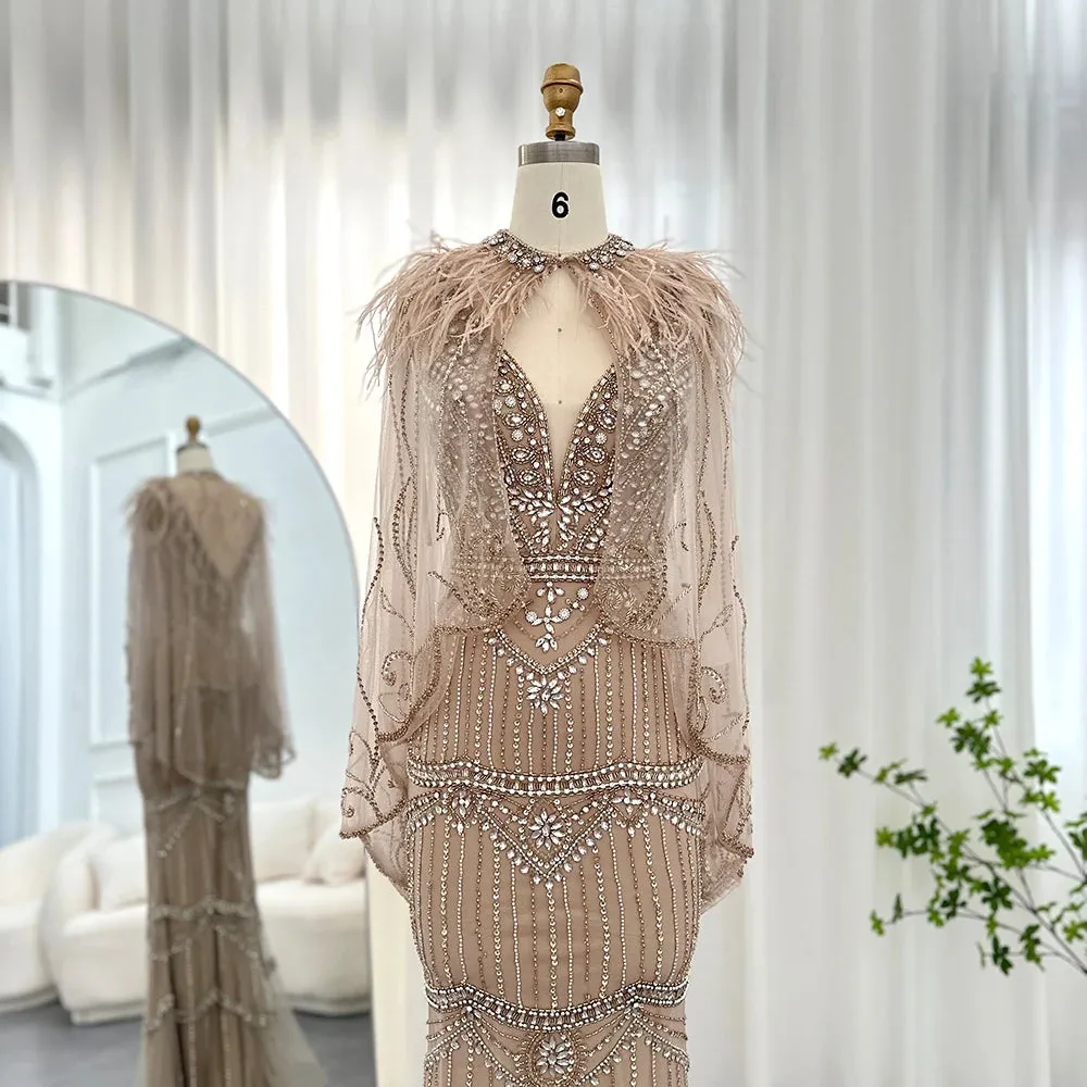 Champagne Feather Cape Mermaid Gown