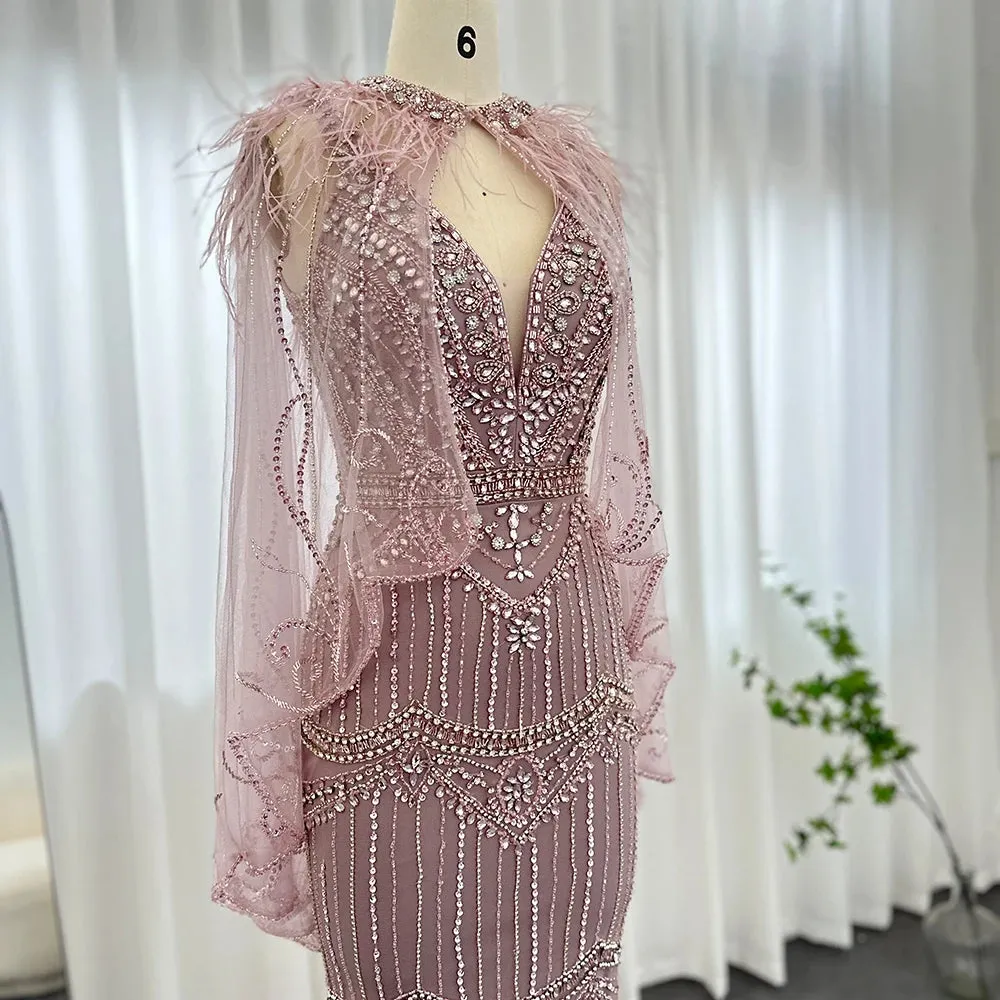 Champagne Feather Cape Mermaid Gown