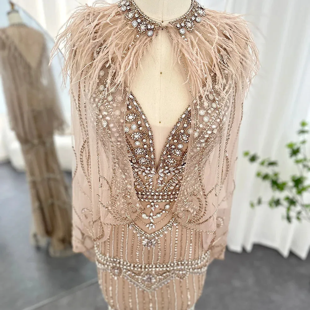 Champagne Feather Cape Mermaid Gown