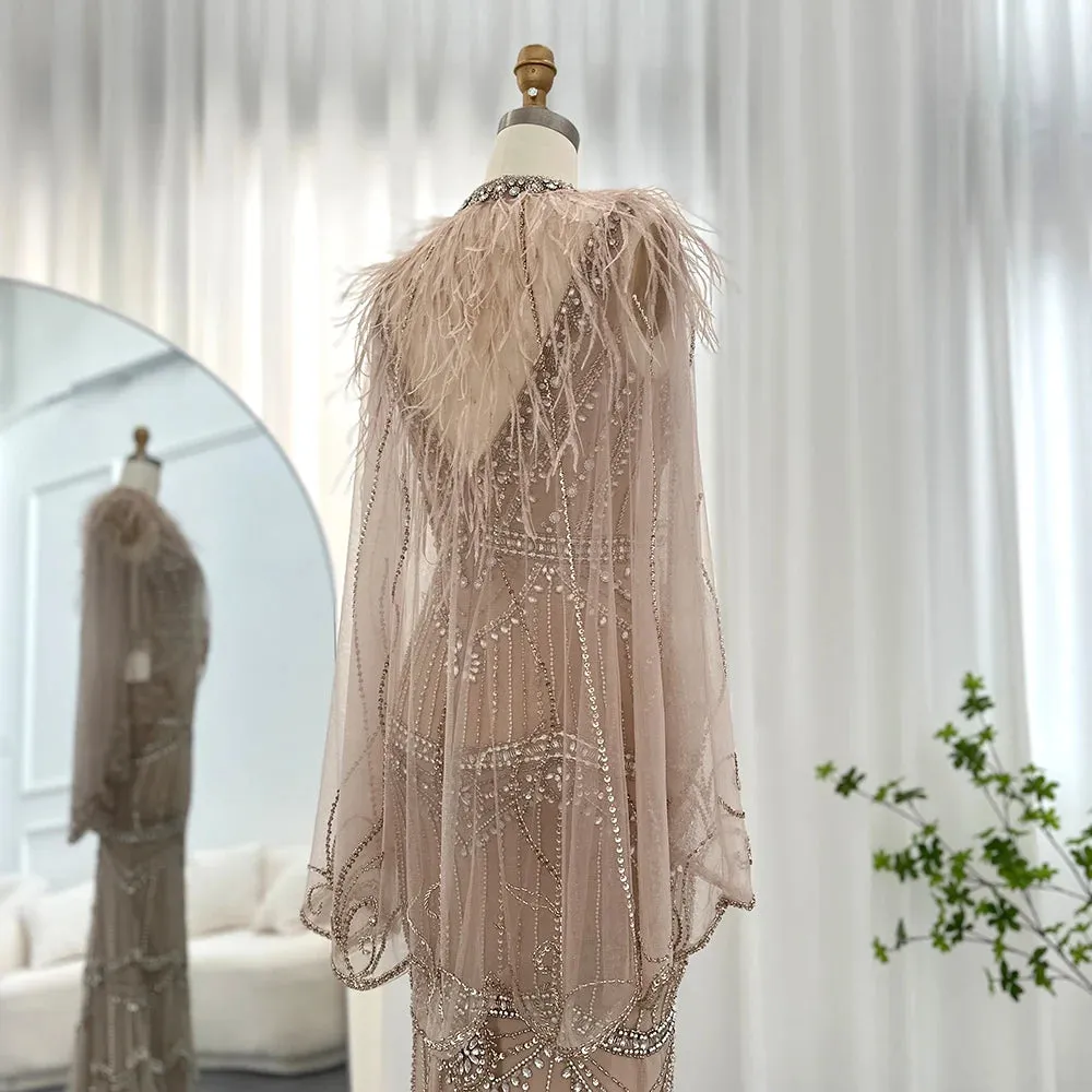 Champagne Feather Cape Mermaid Gown