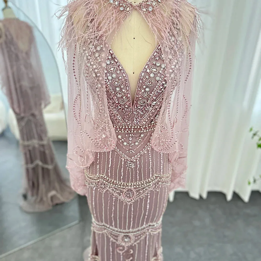 Champagne Feather Cape Mermaid Gown