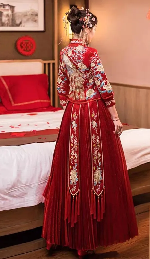 Chinese Traditional Bridal Wedding Dress/Peacock Pattern Wedding Dress/Qun Kwa/Tea Ceremony