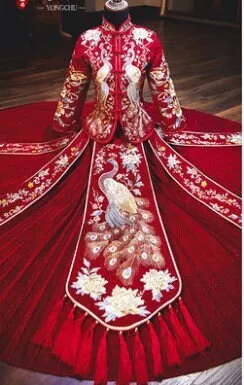 Chinese Traditional Bridal Wedding Dress/Peacock Pattern Wedding Dress/Qun Kwa/Tea Ceremony