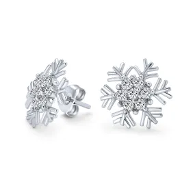 Cubic Zirconia Snowflake CZ Stud Earrings, Sterling Silver for Holiday Parties