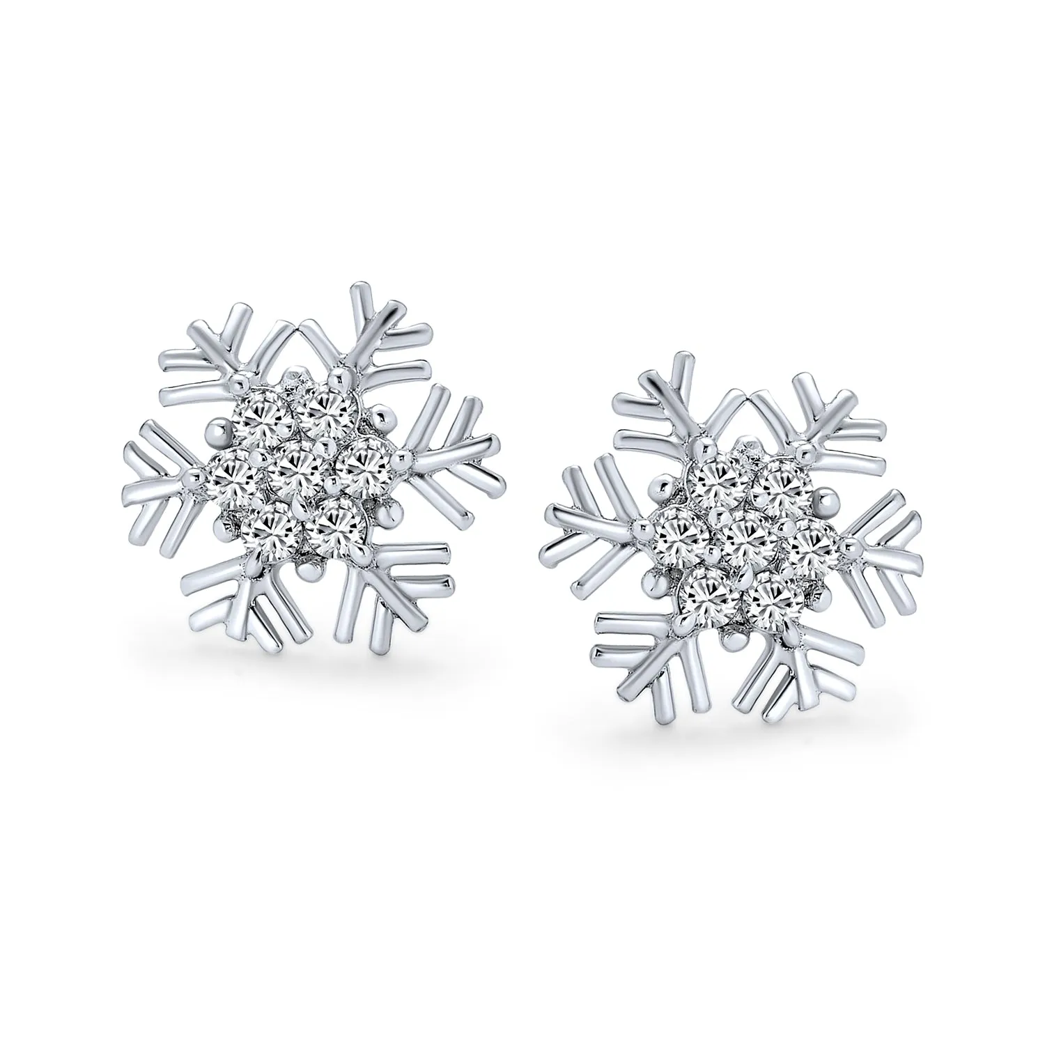 Cubic Zirconia Snowflake CZ Stud Earrings, Sterling Silver for Holiday Parties