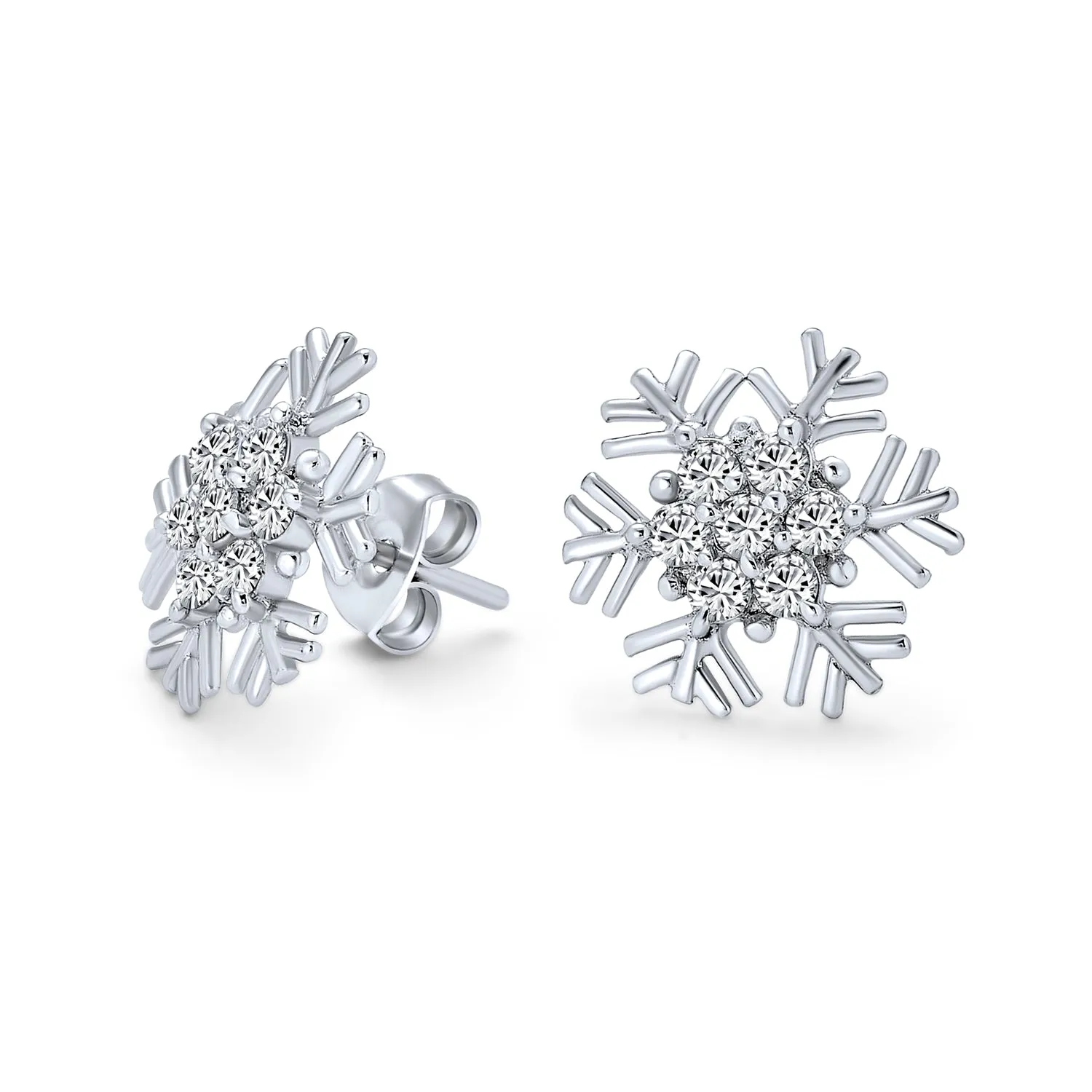 Cubic Zirconia Snowflake CZ Stud Earrings, Sterling Silver for Holiday Parties