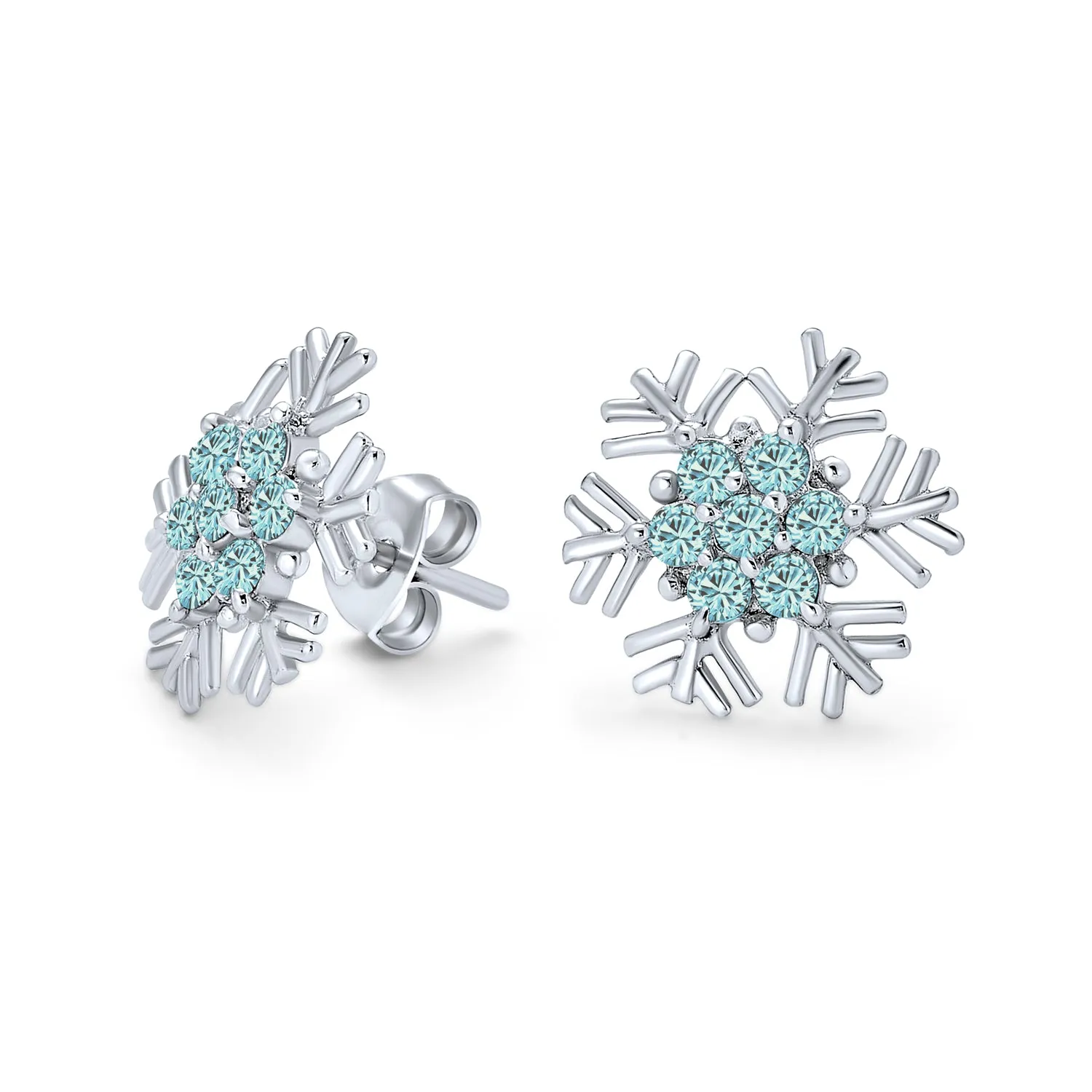 Cubic Zirconia Snowflake CZ Stud Earrings, Sterling Silver for Holiday Parties