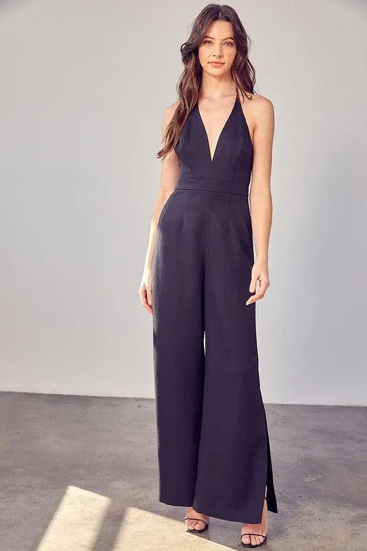 Deep v-neck wide leg jumpsuit
