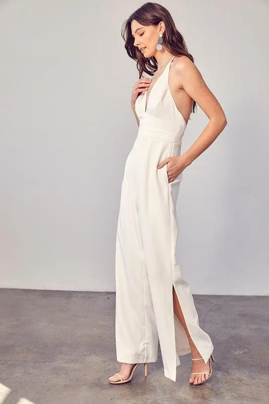 Deep v-neck wide leg jumpsuit