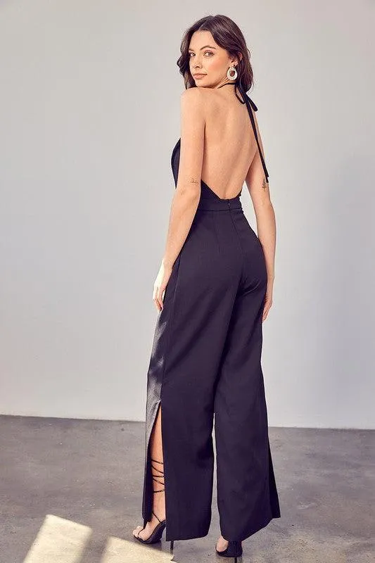 Deep v-neck wide leg jumpsuit