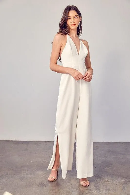 Deep v-neck wide leg jumpsuit