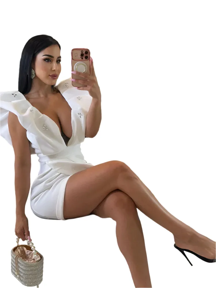 Elegant White Crystal Blossom Mini Dress – Deep V-Neck, Puff Sleeves, Ruffle Hem, Rhinestone Detailing, Short Party Dress for Women