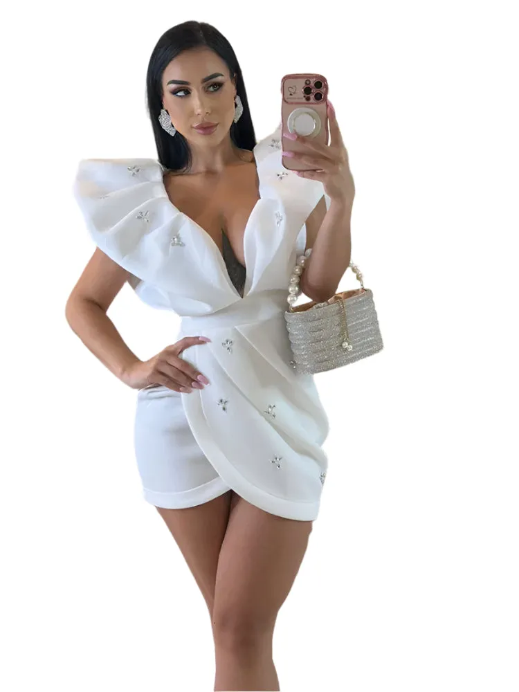 Elegant White Crystal Blossom Mini Dress – Deep V-Neck, Puff Sleeves, Ruffle Hem, Rhinestone Detailing, Short Party Dress for Women