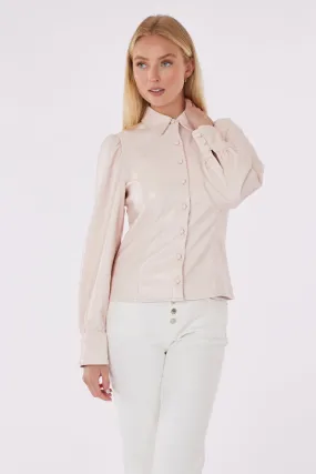 Faux Leather Button-Up Shirt with Puff Sleeves