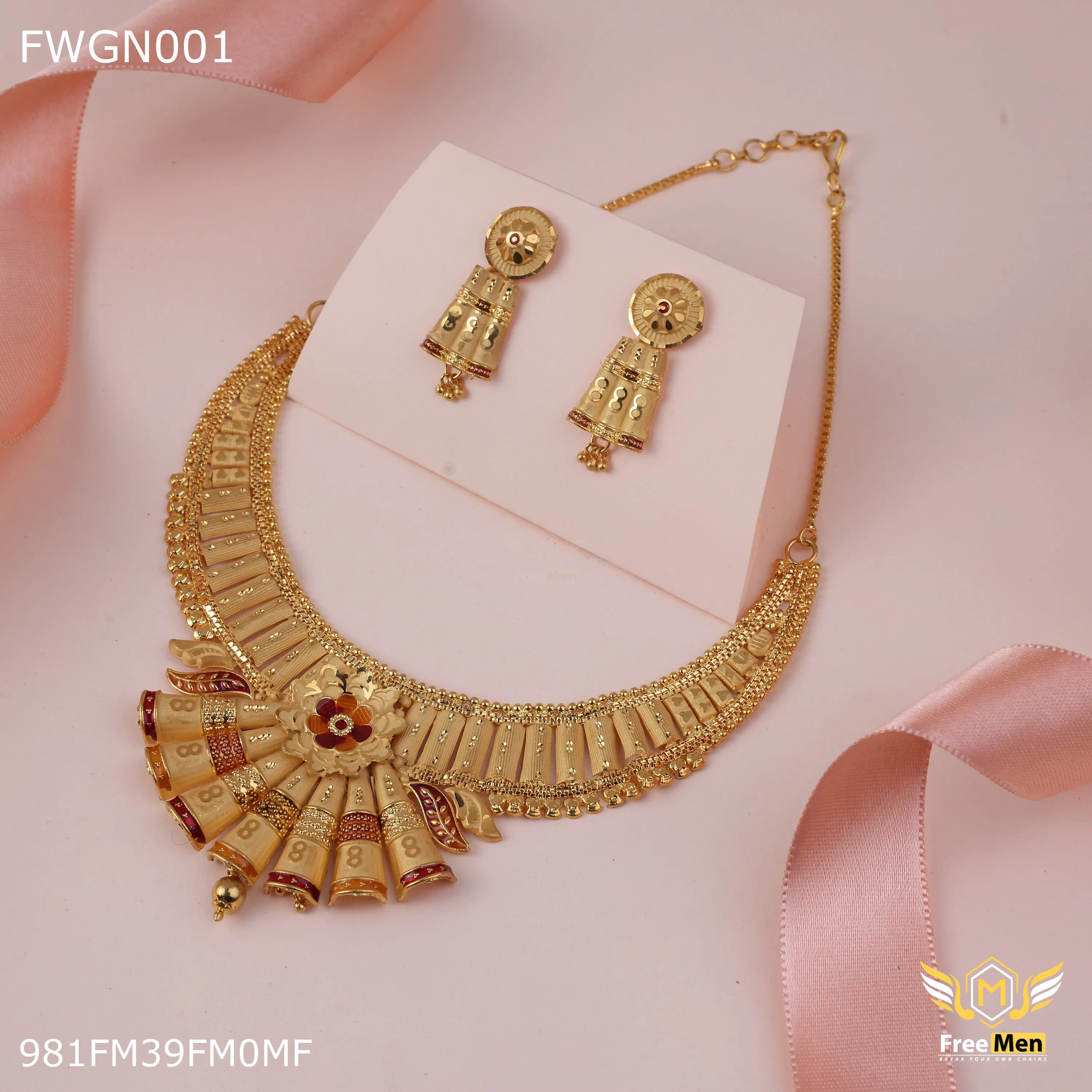 Freemen 1GM Flower cutting necklace with earring for women- FWGN001