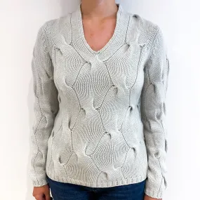 Frost Grey Chunky Cable Cashmere V-Neck Jumper Small