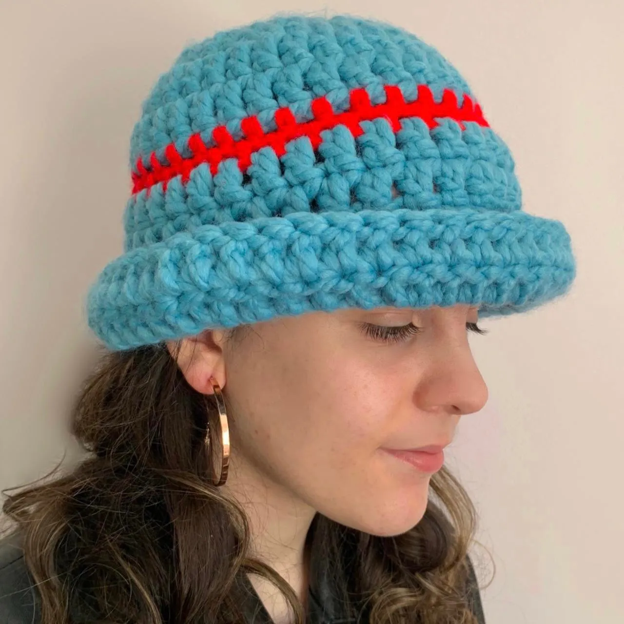 Handmade sea blue chunky crochet bowler hat with red stripe