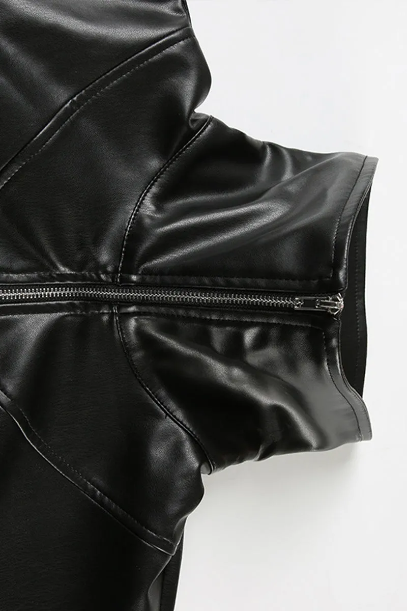 High Neck Zipper Knit Sleeve Leather Jacket Women