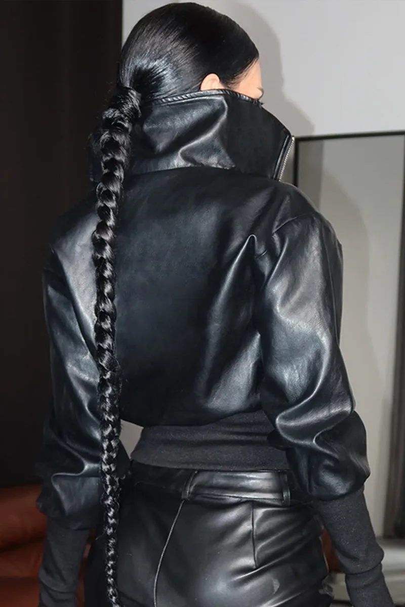 High Neck Zipper Knit Sleeve Leather Jacket Women