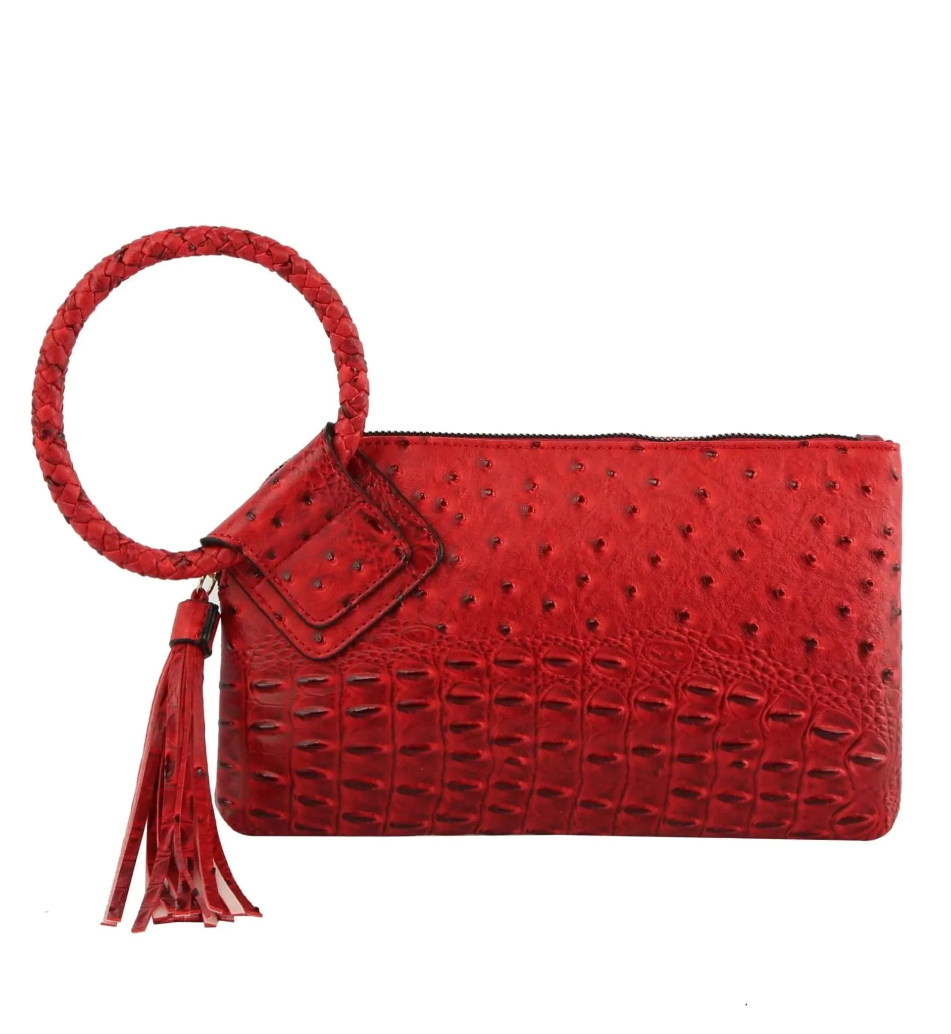 JYV0374 Tasia Croc Ostrich Bangle Wristlet/Clutch With Tassel