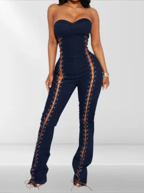 Lace Up Detail Denim Jumpsuit